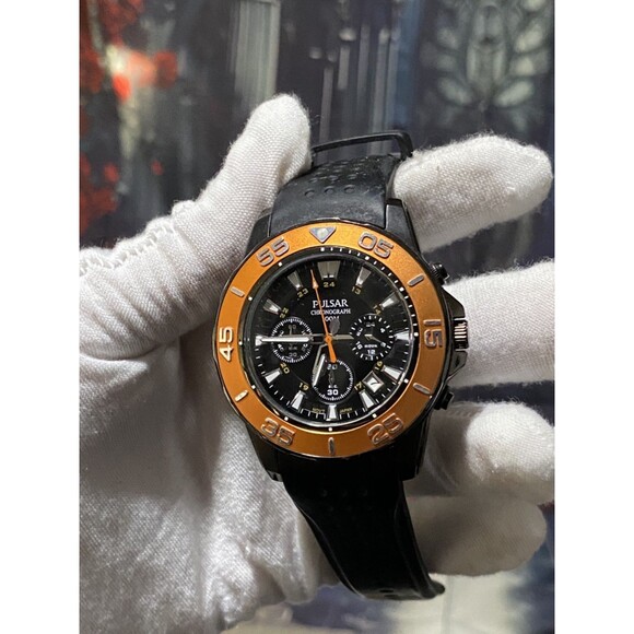 Mens Xl Pulsar By Seiko Quartz Stainless Black Band Chronograph Watch Vd53 X045 - Picture 1 of 5